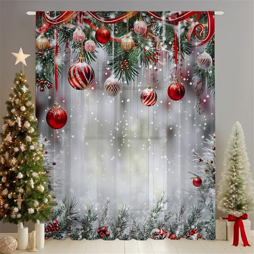 Odot Weihnachten Halbtransparente Vorhänge, 3D Drucken Voile Vorhang Stangentasche Gardinen Vorhang Ösenvorhang 2 Stück Fensterschal Vorhänge Fenster (W 132 x H 241cm,Rot Beeren E)
