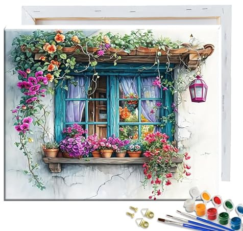 JATOK Paint by Numbers for Adults with Frame, Painting Kits for Beginners On Clear Colored Canvas, Easy DIY Acrylic Pigment Drawing Paintwork for Home Wall Decor, Window 30x40CM/12x16in