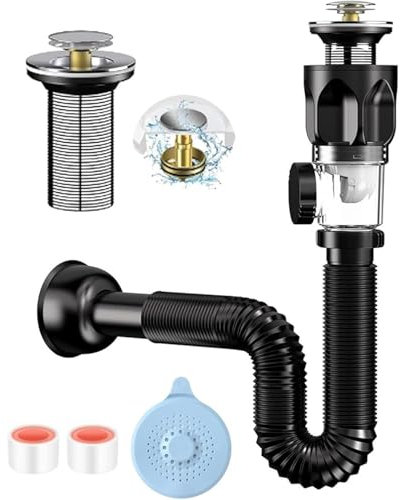 RODISHOMM Kit de desagüe de sifón para lavabo, a prueba de olores, con tubo de drenaje flexible retráctil y tapón de desagüe emergente para baño