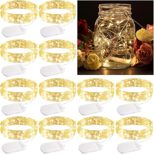 Yihurlm 12 Pack Fairy Lights, 7ft Copper Wire Firefly Starry Lights, 20LED Mini String Lights, Waterproof Fairy String Lights, Mason Jar Lights for DIY Wedding Party Bedroom Christmas(Warm White)
