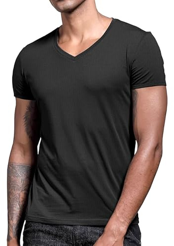 Lehmanlin Lot de 3/5 T-Shirts Sport pour Hommes-Col en V T-Shirt à Manches Courtes Fitness Séchage Rapide Respirant Running Gym Baselayer Haut (Noir-XL)