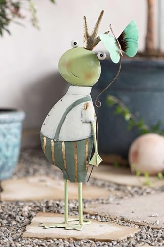 Dekoleidenschaft Dekofigur Frosch mit Schmetterling aus Metall, Froschkönig, Froschfigur, Froschdeko, Gartendeko für Draußen