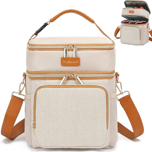 TUGUAN Breast Milk Cooler Bag Double Layer Insulated Baby Bottle Bag with Ice Packs for Storage & Feeding Fits 6 Bottles Leak-Proof Small Lunch Coolers Portable for Travel Nursing Moms, Beige