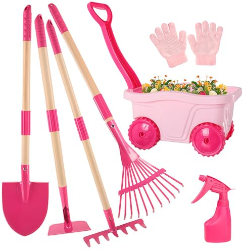 Kids Gardening Tools Outdoor Toys Set - Wheelbarrow Backyard Play Set for Kids with Shovel, Rake, Leaf Rake, Summer Yard Digging Weed Toys, Easter Birthday Gifts for Boys Girls Age 2 3+ Years Old