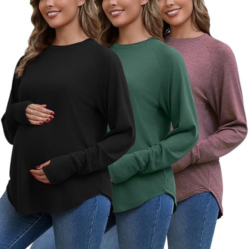 Bhome Umstands-Shirts, 3er-Pack, langärmelig, Schwangerschafts-Tops, lockere Passform, lässige Blusen mit Daumenlöchern, Schwarz/Grün/Burgunderrot, Klein