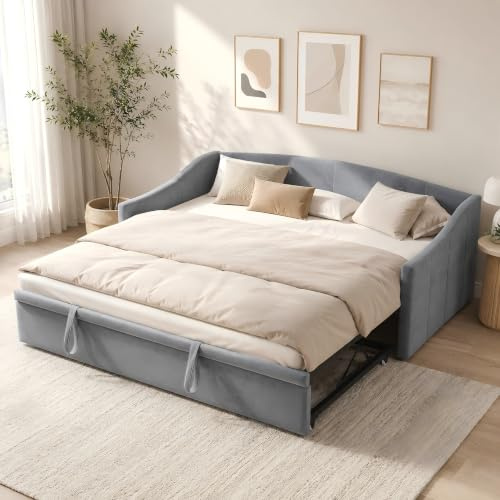 Tagesbett 90x200 cm mit Ausziehbett, Grau – 3-in-1 Schlafsofa & Gästebett, Ausziehbar zum Doppelbett, Samt, Gepolstertes Funktionsbett mit Lattenrost für Jugendzimmer & Gästezimmer, Ohne Matratze