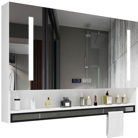Armario de baño de 3 niveles con luz LED, espejo antivaho y reloj, 100 cm, unidad de almacenamiento blanca con 2 puertas para organización de farmacia y tocador