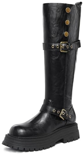 sekiueo Botas Altas hasta La Rodilla para Mujer Botas Vaqueras con Plataforma Gruesa Y Hebillas para Motociclista,Negro,39 EU