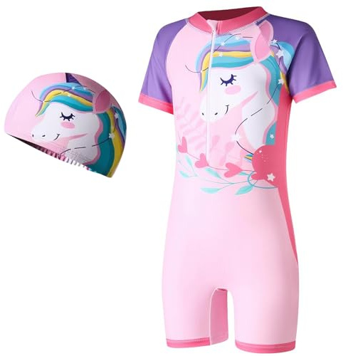 ADUDVLO Boys and Girls Swimming Costume with Front Zipper & Swim Cap – Cartoon One Piece Bathing Suit for Kids Ages 4–10, Stretchy Swimwear