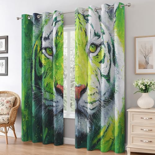 Generisch Grün Tiger Vorhänge Wohnzimmer Deko, Wildtier Ölgemälde Gardinen Blickdicht Schlafzimmer Fenster, Thermo Verdunklungsvorhänge mit Ösen 2er Set, H 166 x B 75 L-C&47