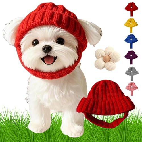 Rote gestrickte Hundemütze mit Ohrenklappen – Warme Wintermütze, Weihnachtsmütze Hund, Ehnbare Rote Hundemütze, Gemütliche Wärme, Strickmütze für Hunde, Verwendung im Innen- und Außenbereich (A)