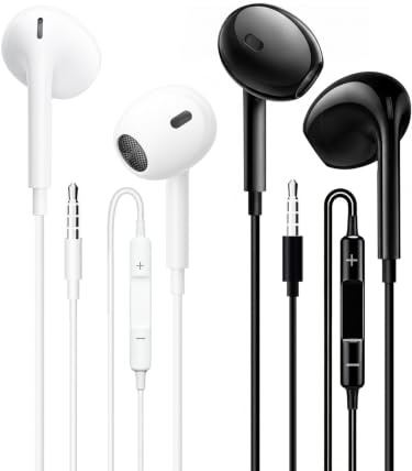 JYmusic 2 Pack Ecouteurs Filaire,Ecouteur Filaire Prise Jack,Ecouteurs Intra-Auriculaires Anti-Bruit Stéréo Jack 3.5mm (Noir + Blanc)