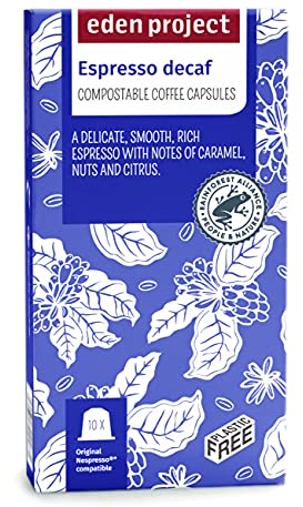 THE EDEN PROJECT 60 Decaf Italian Espresso Coffee Pods Compatible with Nespresso Original – Premium Arabica, Rainforest Alliance Certified, Climate Neutral, Home Compostable Capsules (6 x 10 Pack)