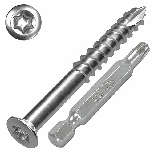 SCREW REBEL Terrassenschrauben T-INOX 5,5x70 mm Edelstahl A4, 100 Stück mit TX Antrieb, Vierkantgewinde, Cutspitze inkl. Edelstahl Langschaftbit