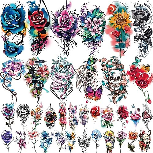 77 Fogli Tatuaggio Temporaneo Fiori, 17 Fogli Mezzo Braccio Tatuaggi Finti Teschio Serpente Rosa per Adulti Braccio Collo, 60 Fogli Piccoli Tatuaggi Temporanei Realistici per Donne Ragazze e Bambini