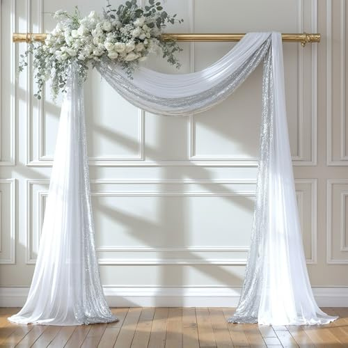 Tissu drapé pour arche de mariage, 1 panneau de 71,1 cm x 5,8 m et 1 panneau de 40,6 cm x 5,7 m en tissu à paillettes argentées pour arche de mariage, cérémonie, fête prénuptiale, réception