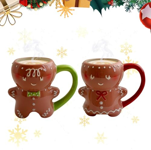 600 ml Keramik Lebkuchenmann Tasse Kaffeetassen,2 Stück Große Kaffeebecher Porzellan mit Griffen für Kaffee,Tee,Heißen Kakao Becher,Geschenke Keramik Kaffeetassen Becher für Familie,Freunde