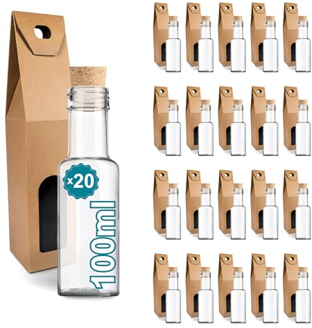 Set 20 Piccole Bottiglie di Vetro 100 ml con Tappo in Sughero + 20 Scatole – Mini Bottiglie Regalo per Liquore e Olio | Espirito Rebelde