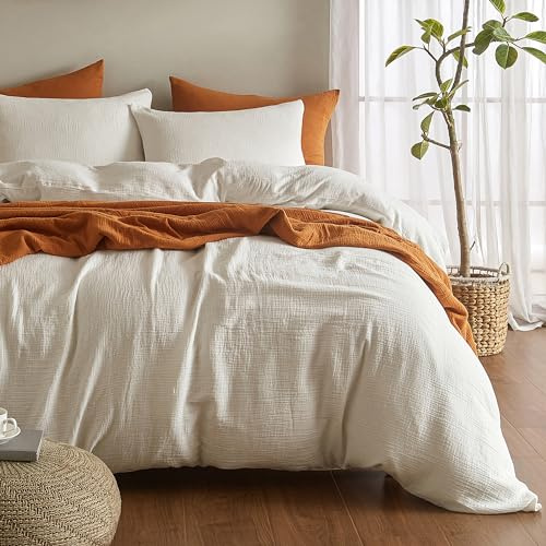 SE SOFTEXLY Muslin Duvet Cover Queen Size, 100% Washed Cotton Duvet Cover Set, Ultra Soft Comforter Cover Linen Like, 3 Pieces Minimalist Gauze Duvet Cover with 2 Pillowcases, 90x90, White