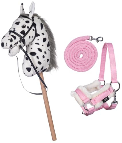 HKM Kids Hobby Horse, Pinto mit Halfter und Führstrick in Rosa, Steckenpferd für Kinder, Pferde Spielzeug