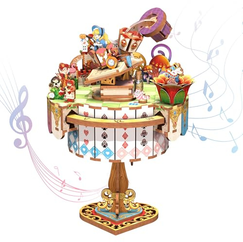 Tonecheer Music Box Puzzle 3D en Bois, kit de Construction pour Adultes, boîte à Musique rotative, Puzzle en Bois pour décoration de la Maison, Cadeaux d'anniversaire et de Noël（Le goûter d'Alice）