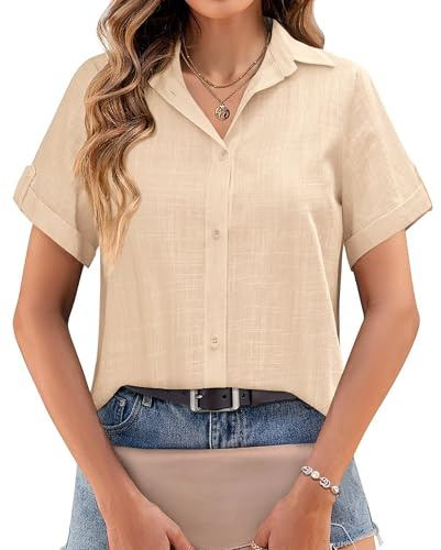 Zeagoo Bluse Damen Sommer Leinen Hemdbluse Leichte Leinenbluse Blusen Kurzarm Hemd Einfarbig Sommerblusen Button Down Shirt Tuniken Bequeme Damenbluse Champagner L