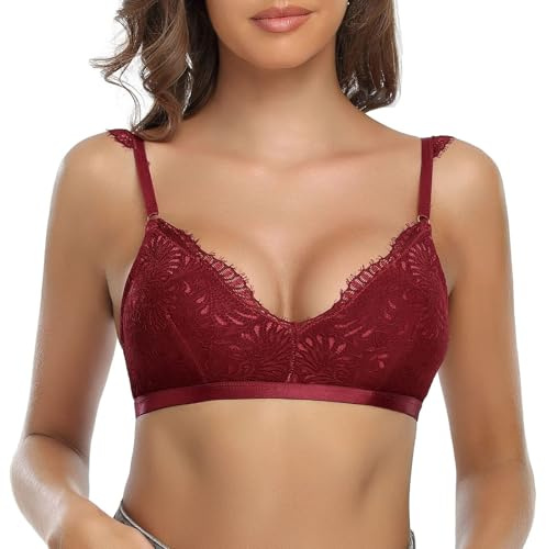 SHEKINI Women's Lace Bra Triangle Wireless Removable Padded Front Hook Closure Bra Adjustable V Neck Breathable Lingerie for Women Everyday Bras