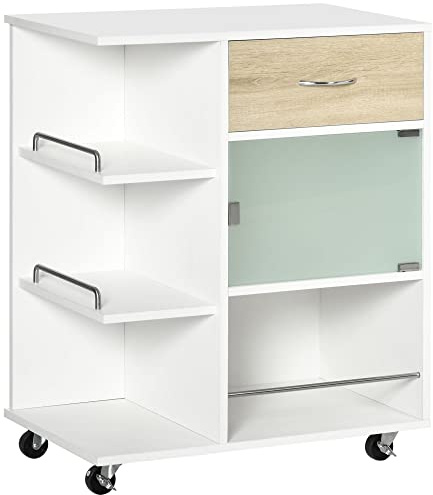 HOMCOM Credenza da cucina, carrello di servizio, rotelle girevoli a 360°, ripiani con barriere, isola da centro cucina, con cassetto, ripiani, armadio, 65 x 39 x 80 cm, bianco