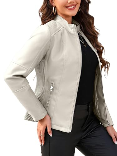 Giolshon Chaquetas de cuero de imitación para las mujeres de la motocicleta Ropa de Otoño Abrigo 37 Beige M