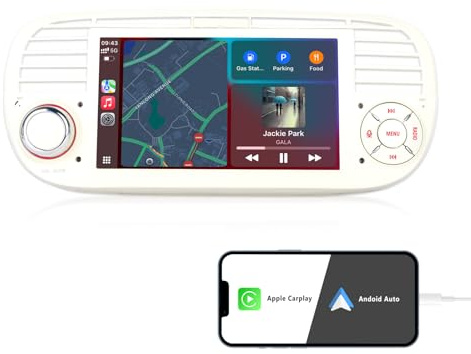 Car Audio for Fiat 500 2007-2015 Upgrade System Hi-Fi Sound with Wireless CarPlay/Android Auto Plug-and-Play Autoradio Models Tuned RDS/AM/FM/USB BT 5.0 Subw EQ SWC (White)