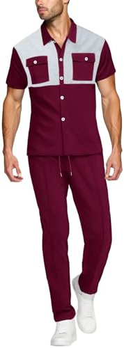 Generisch Survêtement d'été pour homme - Ensemble 2 pièces avec poches carrées sur la poitrine et manches courtes, chemise et pantalon - Costume de taekwondo pour enfants, Bordeaux, XXL