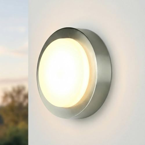 Licht-Erlebnisse LED Außenleuchte Edelstahl IP44 rund Ø 20 cm 3000 K 350 lm Weiß Modern Wandlampe außen Terrassenlampe Kellerlampe Feuchtraumlampe