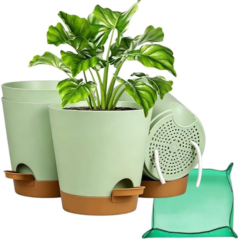 CNKHDZ 4 pack Vaso da fiori con sistema di auto-irrigazione 12.7cm+ Foldable Plant Repotting, vaso da fiori in plastica con sistema di irrigazione, vaso per piante da interno e da balcone Verde