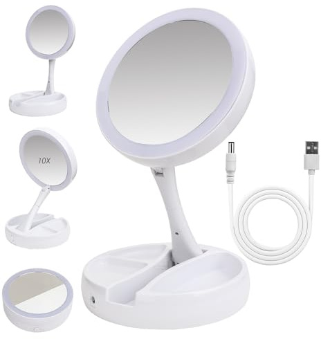 GCNWW Makeup Mirror with Light, 360°Rotation Vanity Mirror, Double Sided 1X/10X Magnifying Mirror with Light Height Adjustable, Portable Foldable Desk mirror for Home or Travel (White)