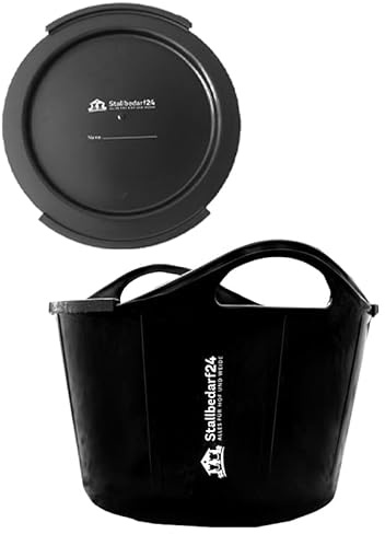 STALLBEDARF24® Flexischale 17 L – Futter- & Wasserschale aus lebensmittelechtem Kunststoff mit Tragegriffen, stapelbar & hygienisch – schwarz (mit Deckel)