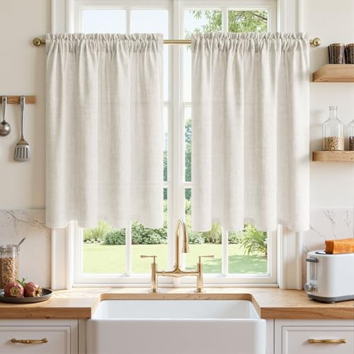 MRTREES Skivgardiner linneutseende elfenbensvit, fönstergardiner H 90 x B 60 cm set om 2, gardin köksfönster modernt lanthus bistrogardin kort halvtransparent stånggenomföring halsdukar