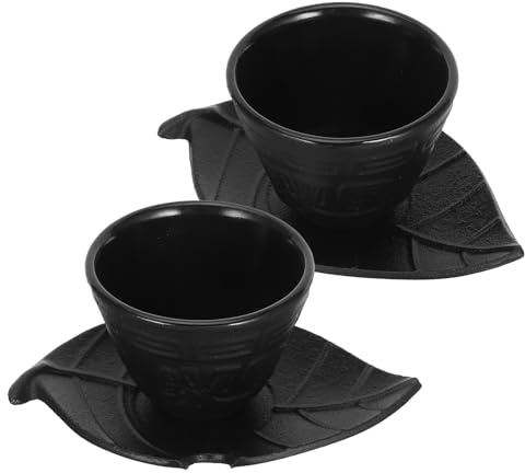 Alipis Juego de Taza de Té Vintage de Hierro Fundido 2 Piezas Taza Tradicional China con Platillo en Forma de Hoja Decoración Retro para Té Tarde y Cocina