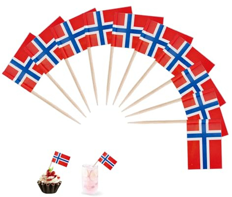 100 unidades de palillos de dientes de Noruega, bandera decorativa de Noruega, pequeños mondadientes, decoración noruega, decoración para cupcakes, decoración de mesa, palillos de dientes con banderas