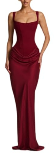 Abiti da sera da donna a sirena con corsetto, lunghi, formali, con spalline sottili a spaghetto, collo quadrato, ideali per cocktail, feste serali, Rosso scuro, S