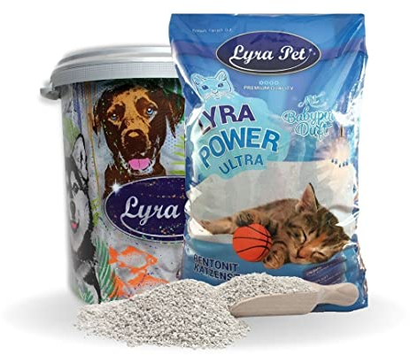 Lyra Pet® | 30 Liter Lyra Power Ultra Excellent Katzenstreu + 30 L Tonne | Mit Babypuder Duft | Klumpstreu | 350% Saugkraft | Naturprodukt aus Bentonit | Saubere Wohnung | Neutralisiert Gerüche