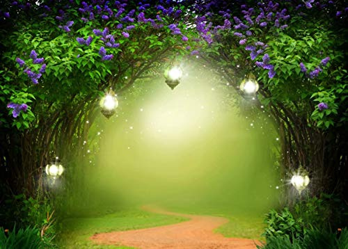BELECO 2.1x1.5mTissu Forêt Enchantée Jardin Toile de Fond Magique Printemps Vert Forêt Violet Fleurs Fantaisie Woodland Wonderland Fond pour Photo de Fête Fée Clochette