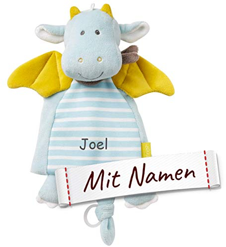 FEHN Drache Schmusetuch mit Namen Bestickt, Baby & Kleinkinder Spielkamerad & Einschlafhilfe, Schmusetuch Stofftier-Schnuffeltuch personalisiert, Kuscheltuch Geschenkidee Junge, Deluxe