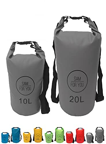 Wasserdichter Packsack, Waterproof, Seesack, 10/20 Liter, Drybag mit verstellbarem Schultergurt (Silber, 10 L)