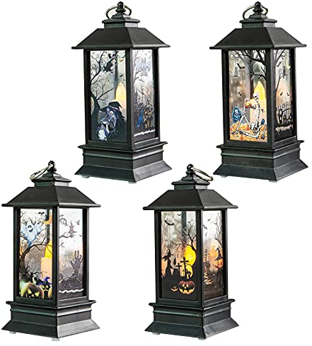 4 Piezas Linterna de Llama de Halloween Linterna de Halloween LED Luz de Noche Linternas de Velas Decorativas Lámpara de Viento Colgante Velas LED parpadeantes sin Llama con batería para Garden Bar