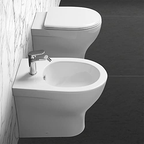Inbagno Sanitari Bagno Filo Muro a Terra, in Ceramica Bianca Lucida Serie Pratica, Sedile Copri WC Incluso