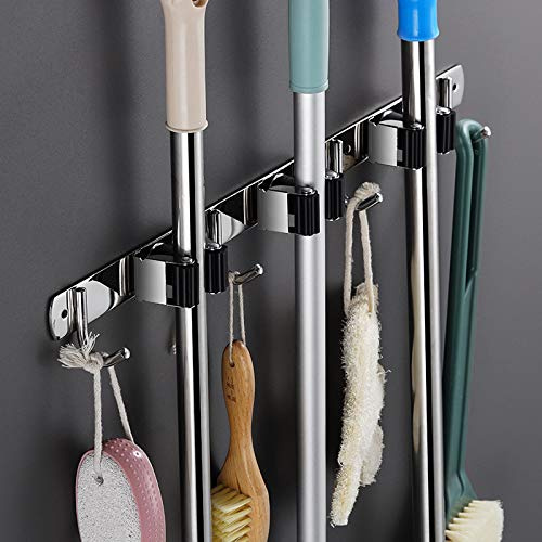 Besenhalterung Wand, RODMAIE mop halter,Besen Mop Halter Wandhalterung, Selbstklebend Werkzeughalter Organizer mit 3 Halter und 4 Haken für Zuhause Küche Badezimmer Garten Garage-Grün