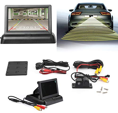 VIPIH Caméra de recul avec Radar de recul pour autoradio + capteur de stationnement avec avertisseur + Kit de Moniteur Couleur TFT-LCD de 4,3 Pouces