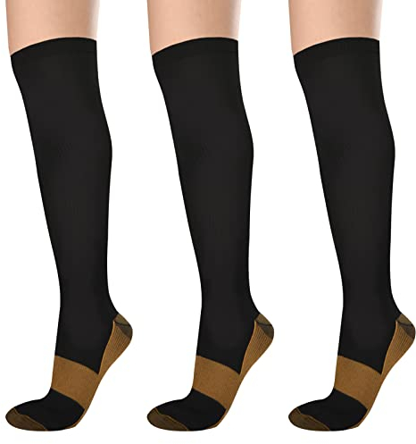 Evolyline 3 Paar Kupfer Medizinische Kompressionsstrümpfe Damen & Herren, 15-20mmHg Stützstrümpfe Kompressionssocken Kniestrümpfe für Sport Laufen Flug Reisen Schwangerschaft Reduzieren Beinschmerzen