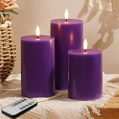 Eywamage Lila Flammenlose Stumpenkerzen mit Fernbedienung, Flackernde Batterie LED Wachs Kerzen 3 Stück