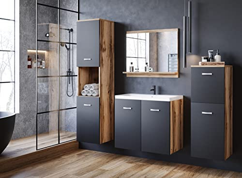 PIASKI Ensemble de meubles de salle de bain Roma, Ensemble de meubles de salle de bain avec lavabo inclus, meubles de salle de bain suspendus, meubles modernes (Wotan/noir mat) MALO001 Taille Unique